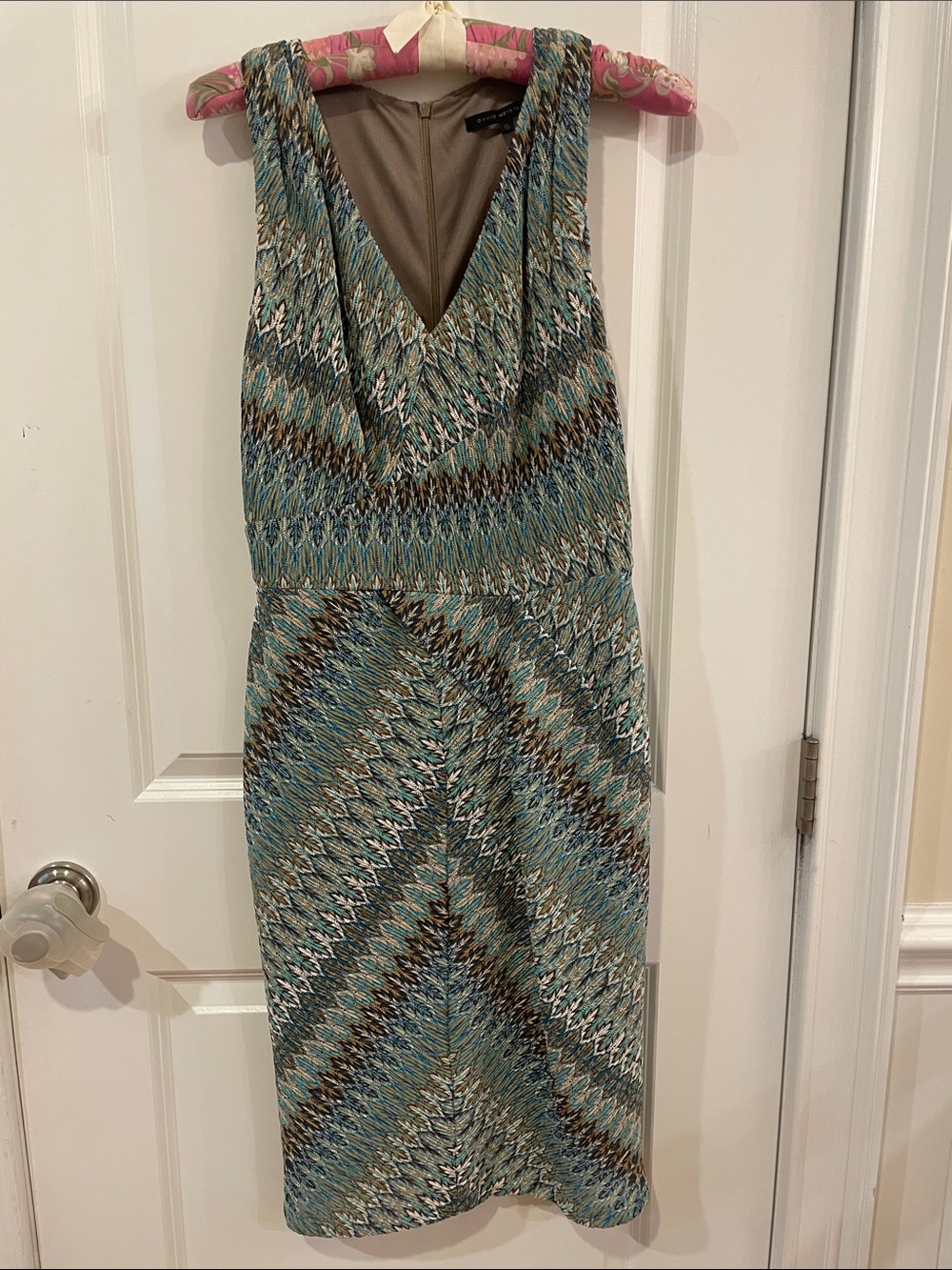 David Meister Sleeveless V-Neck ChevronDress in Teal, Brown Cream Fully Lined, 8